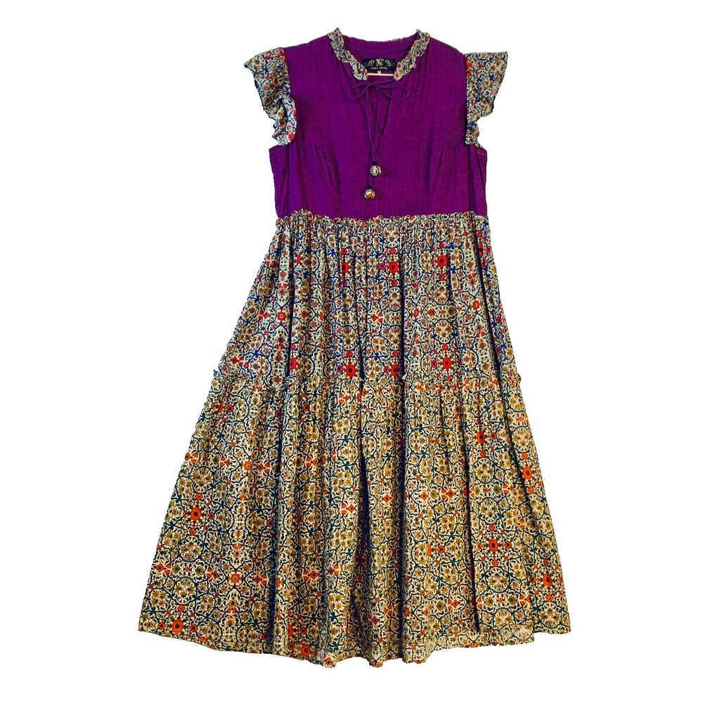 Nazila Couture Women Sz M Purple Cotton Tiered Boho Dress Flutter Sleeve NWOT